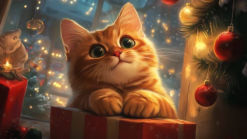 Ginger kitten resting on gift box under warm festive lights.