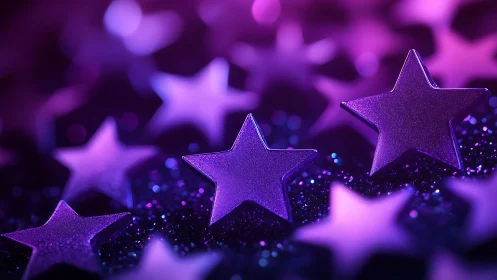 Macro depth-of-field study of purple star confetti on glitter