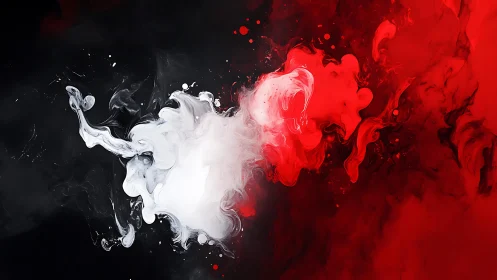 Abstract black, white, and red ink clouds in motion, digital art.