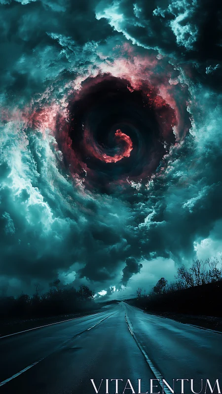 Storm vortex swallows the horizon above a rain-slick highway