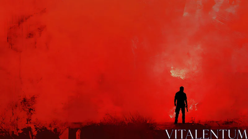Silhouetted figure stands before expansive red textured field