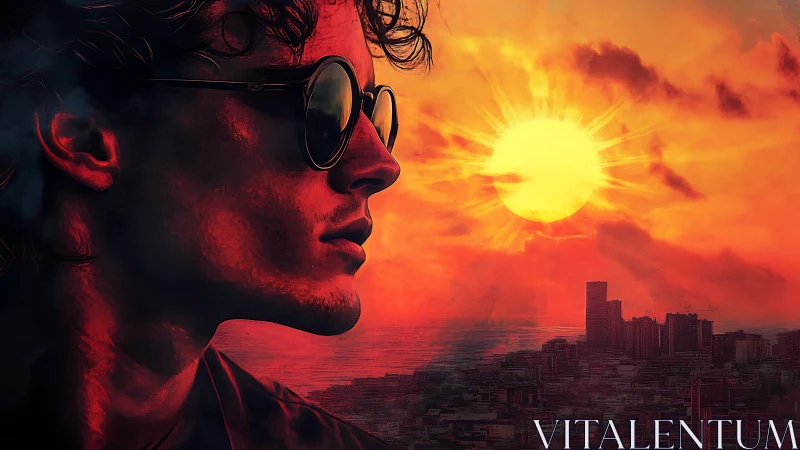 Backlit cityscape portrait under saturated red sunset sky