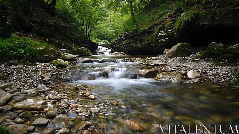 Mountain stream with mossy rocks under verdant canopy.