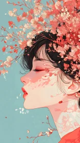 Profile of young woman with floral branches integrated
