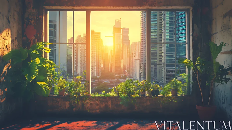 Sunlit jungle window quietly tames the rising city towers
