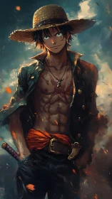 Straw hat swordsman stands in embers with confident gaze