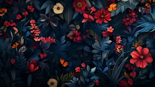 Dark Floral Garden with Red and Orange Blooms