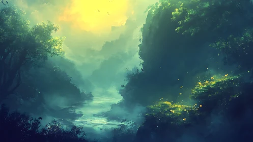 Misty Canyon Waterway with Luminescent Flora.