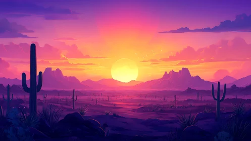 Vibrant stylized desert sunset with silhouetted cacti forms