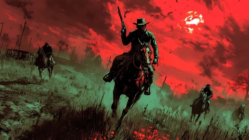 Outlaw riders charge under bloodred western apocalypse sky.
