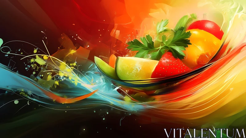 Vibrant digital fruit splash swirling in luminous motion.