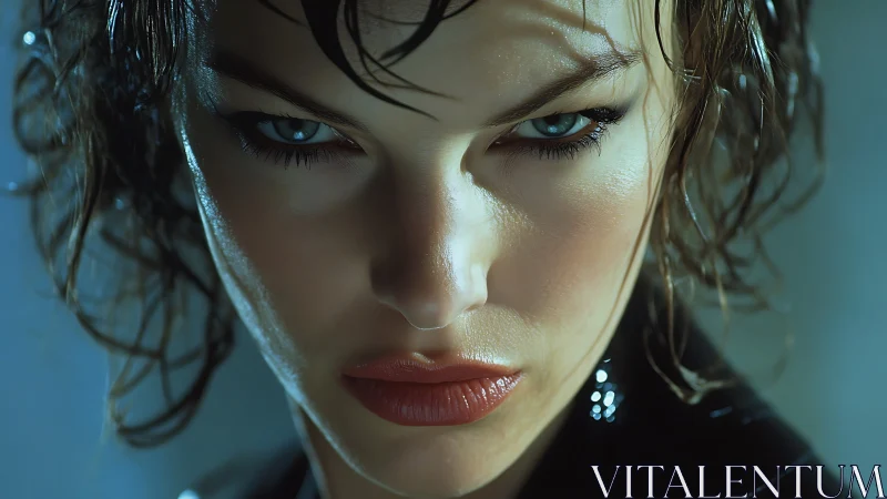 Close wet-haired female portrait with sharp frontal lighting.