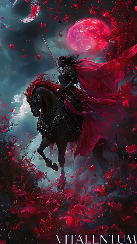 Blood-red knight rides through lunar blossom storm.