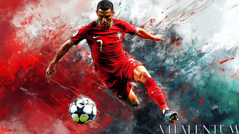 Dynamic soccer star bursting forward in a blaze of color.