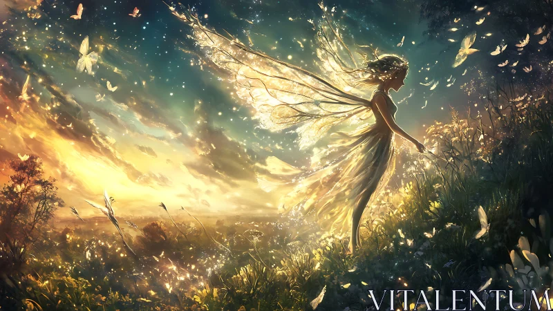 Winged female figure in illuminated dusk landscape scene.