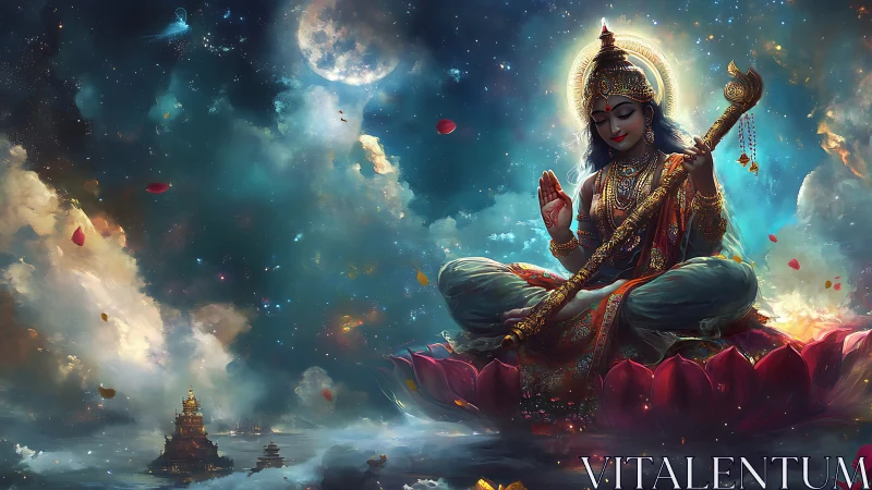 Cosmic goddess meditates on lotus amid radiant nebulae.