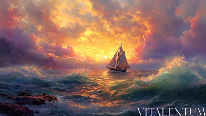 Sailing vessel silhouettes against high-saturation sunset seascape