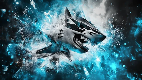Aggressive stylized shark bursts through glowing blue water.