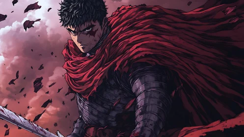 Brooding anime warrior in tattered red cloak at dusk.