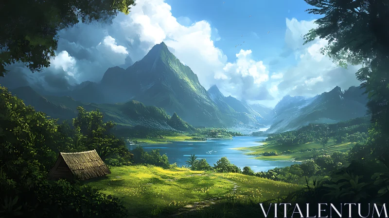 Expansive alpine valley rendered with high-contrast atmospheric depth