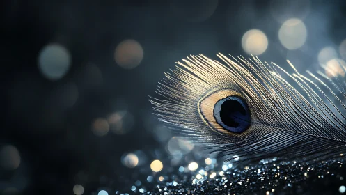 Macro study of peacock feather bokeh in cool low-key light.