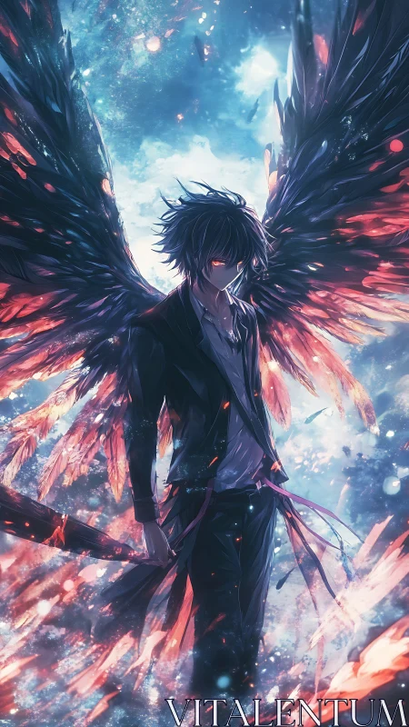 Dark winged angel with blazing feathers in celestial storm.