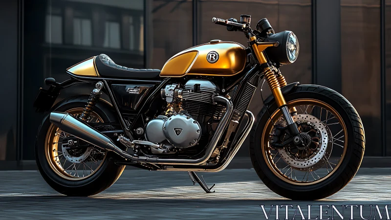 Golden cafe racer motorcycle stands on urban pavement at dusk