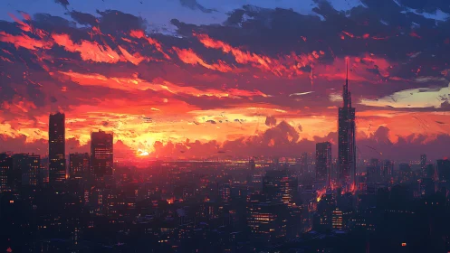 Neon dusk ignites a towering cyber city skyline in flame.