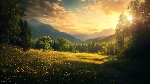 Golden mountain valley meadow glows in tranquil evening light.