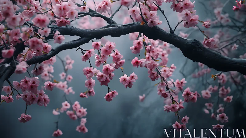 Cherry Blossom Tree with Gnarled Dark Branches Against Misty Gray Sky