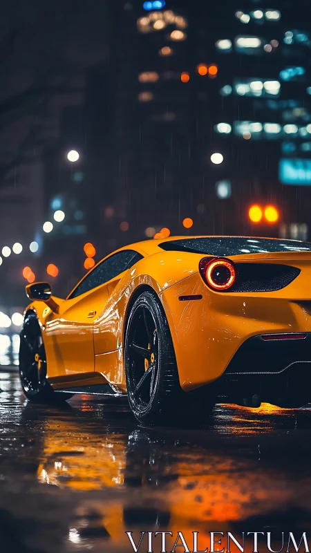 Yellow supercar renders cinematic reflections on wet city street