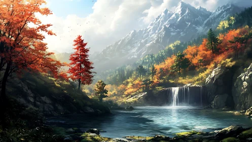 Autumn cascade beneath crystal peaks and whispered mist.