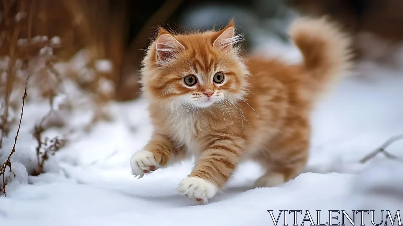 Ginger Kitten Walking Through Snow. Winter Portrait.