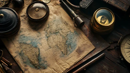 Vintage world map with antique nautical instruments on desk.