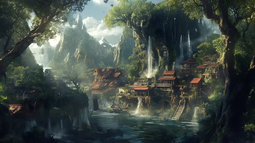 Mountain jungle temple village cascades into misty river