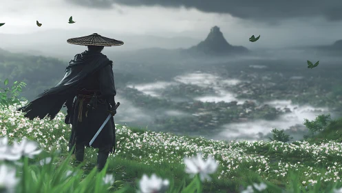 Digital painting of lone samurai above misted valley panorama.