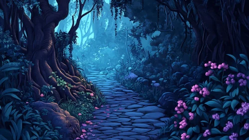 Enchanted Forest Path with Blooming Flowers.