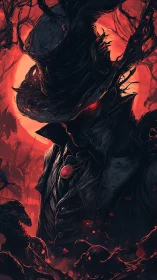 Dark-clad figure stands before red backlit lunar disc