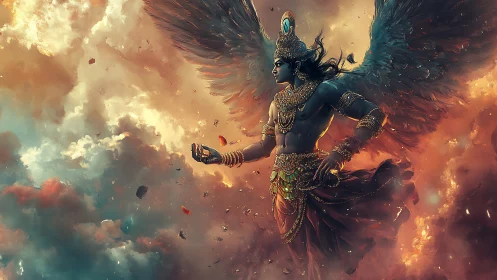 Winged celestial warrior rises through blazing divine skies.