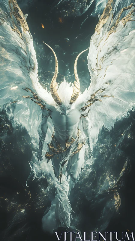 Seraphic horned entity descending through luminous astral vortex