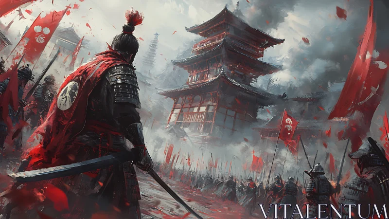 Samurai commander before burning pagoda in crimson storm.