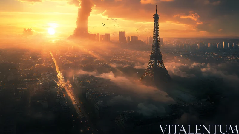 Dramatic sunset over Paris skyline and Eiffel Tower.