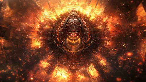 Celestial fire guardian smiling from a swirling techno halo.