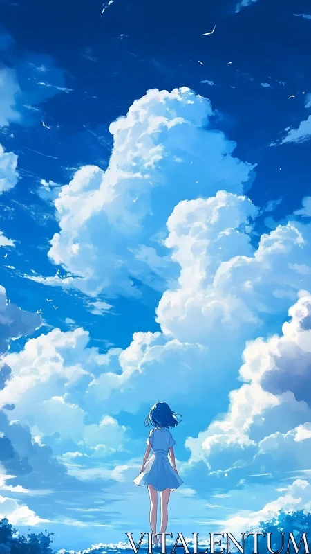 Girl in blue dress gazes at towering summer sky clouds
