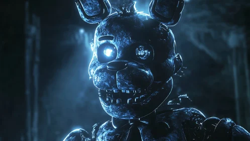 Glowing mechanical rabbit figure rendered in dim blue lighting