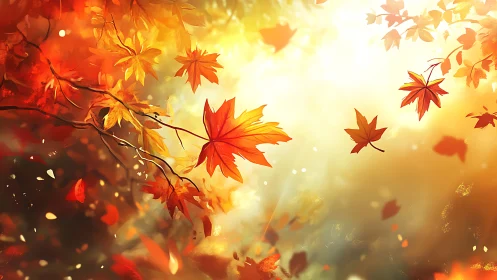 Autumn maple leaves glowing in golden afternoon light.