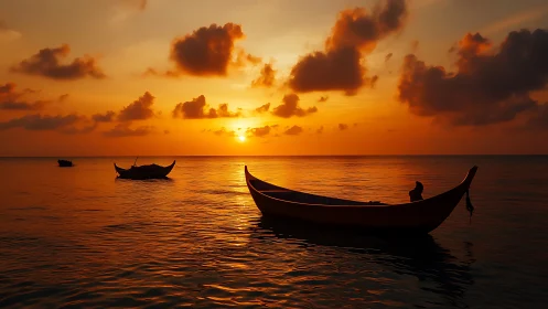 Sunset-drunk wooden boats drift slowly across molten sea