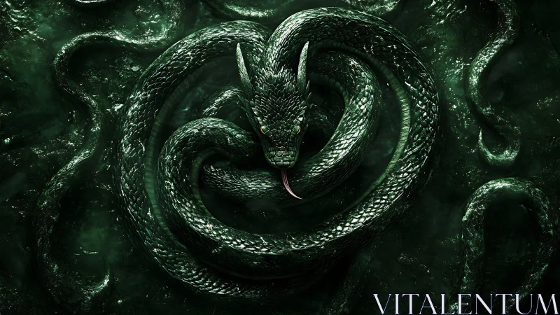 Emerald serpent coiled in shadowy depths of a dark dream.