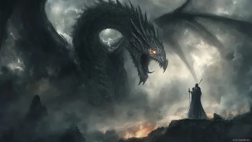 Dark storm dragon confronts lone mage amid burning cliffs.