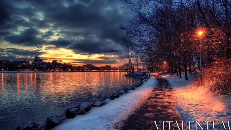 Winter riverfront path under HDR sunset with contrasting city lights